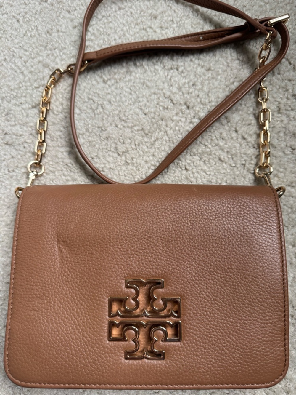 Tory Burch Brown Pebbled Leather Crossbody Bag with Gold Chain Strap and Logo